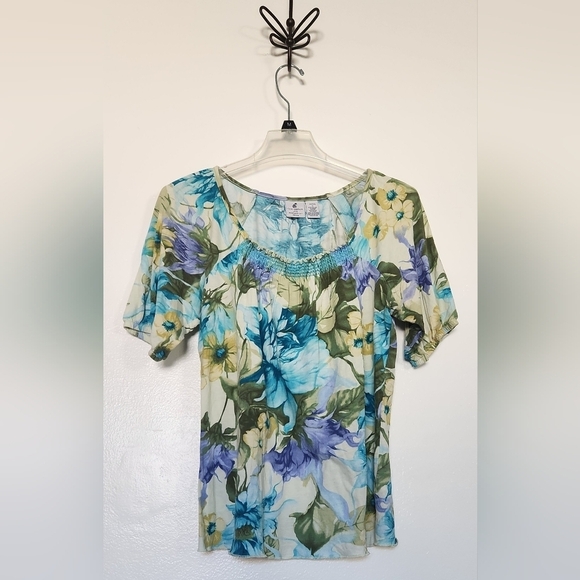 Caribbean Joe M Petite Women’s Multicolor Floral Top Embroidered Pleated… - Picture 1 of 2